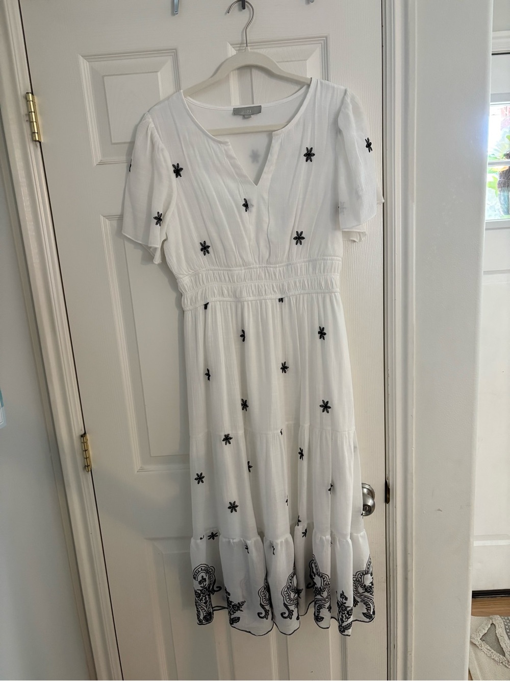 White Flowy Maxi Dress with Black Floral Embroidery